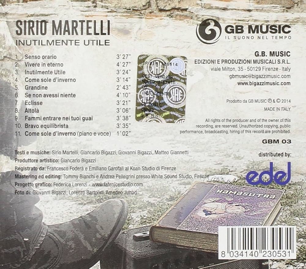 Retro della copertina del disco 'Inutilmente Utile' di Sirio Martelli