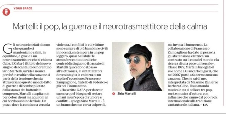 Ritaglio stampa dell'articolo di Repubblica su Sirio Martelli, che descrive il singolo GABA come un brano tra pop e neuroscienza.