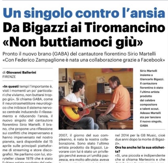 Ritaglio stampa dell'articolo de La Nazione su Sirio Martelli e il singolo GABA, con foto dell'artista e titolo ' Un singolo contro l'ansia'